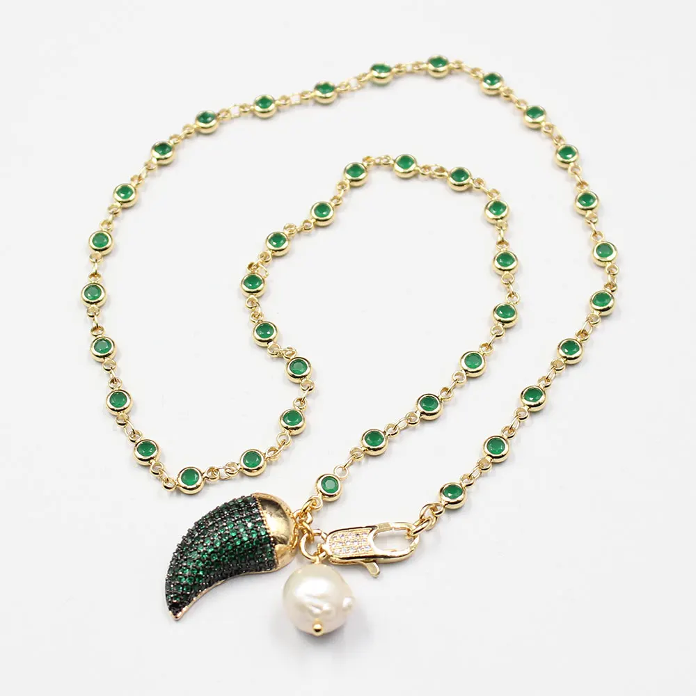 GG Natural White Keshi Pearl Gold Plated Green Macarsite CZ Chain Necklace Chili Pendant Cute For Lady Jewelry Gift