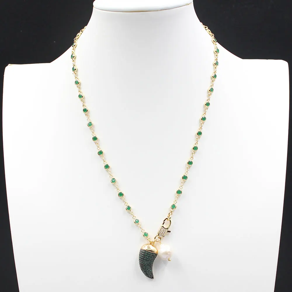GG Natural White Keshi Pearl Gold Plated Green Macarsite CZ Chain Necklace Chili Pendant Cute For Lady Jewelry Gift