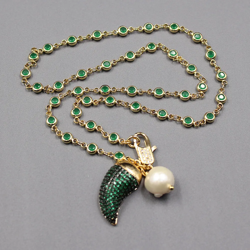 GG Natural White Keshi Pearl Gold Plated Green Macarsite CZ Chain Necklace Chili Pendant Cute For Lady Jewelry Gift