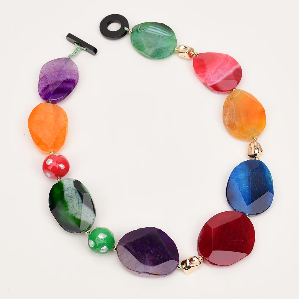 GG 20'' Big Colorful Agate Slice Stone Freeform Faceted Chunky White Keshi Pearl Bezel Enamel Beads Necklace Handmade Lady Gift