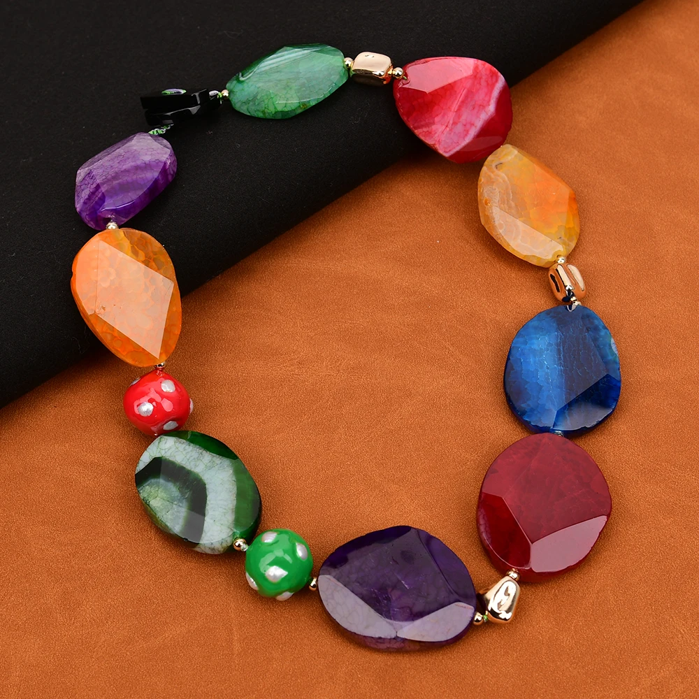 GG 20'' Big Colorful Agate Slice Stone Freeform Faceted Chunky White Keshi Pearl Bezel Enamel Beads Necklace Handmade Lady Gift