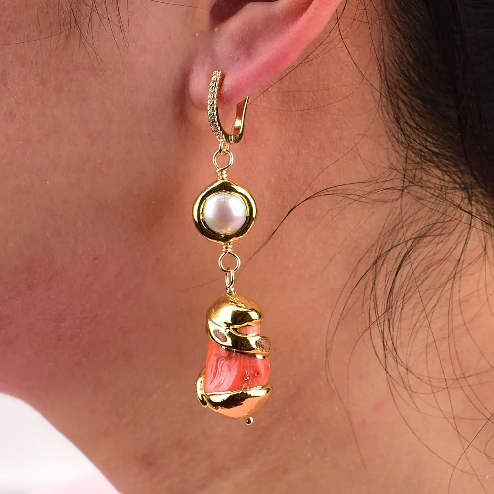 GG Natural White Pearl Orange Coral Branch Gold Plated CZ Hook Dangle Earrings