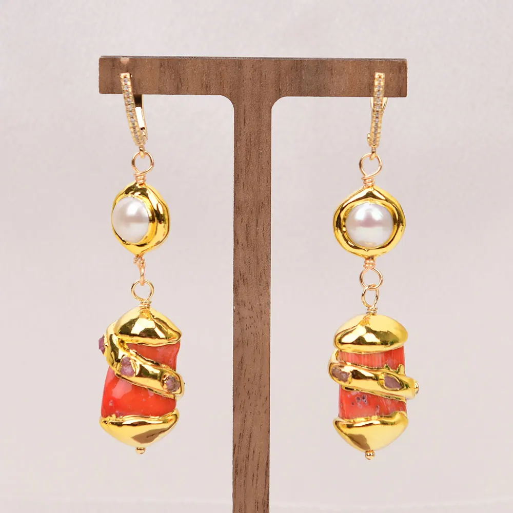 GG Natural White Pearl Orange Coral Branch Gold Plated CZ Hook Dangle Earrings