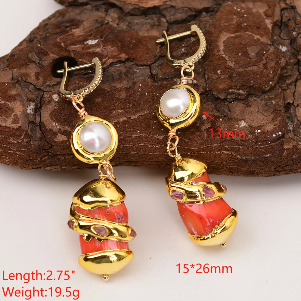 GG Natural White Pearl Orange Coral Branch Gold Plated CZ Hook Dangle Earrings