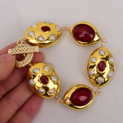 Gold Plated Red Fire Agates White Pearl Handmade - Image 6