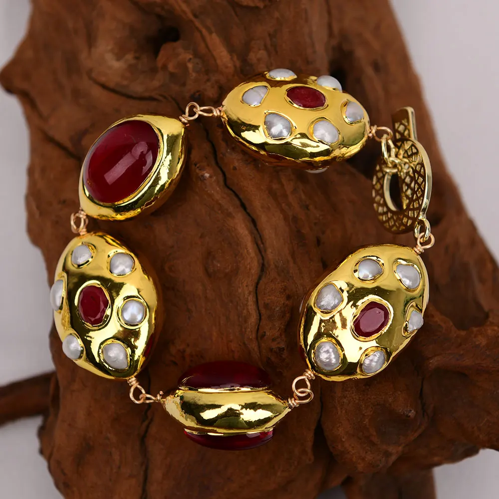 GG Natural Gold Plated Red Fire Agate Beads Oval Shape White Pearl Paved Jade Bracelet Handmade Lady Gifts