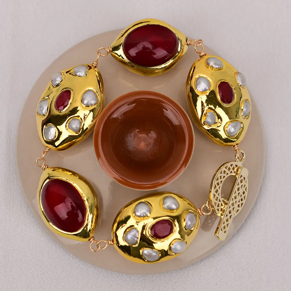 GG Natural Gold Plated Red Fire Agate Beads Oval Shape White Pearl Paved Jade Bracelet Handmade Lady Gifts
