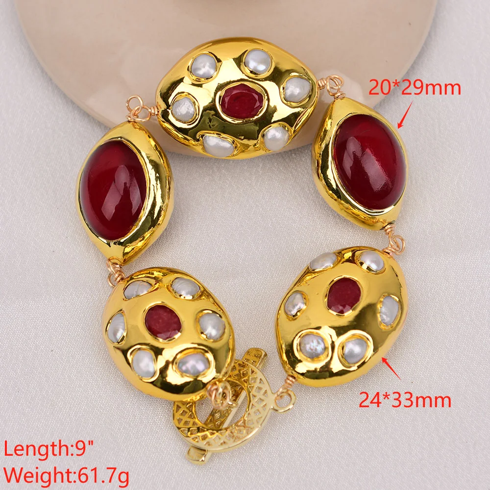 GG Natural Gold Plated Red Fire Agate Beads Oval Shape White Pearl Paved Jade Bracelet Handmade Lady Gifts