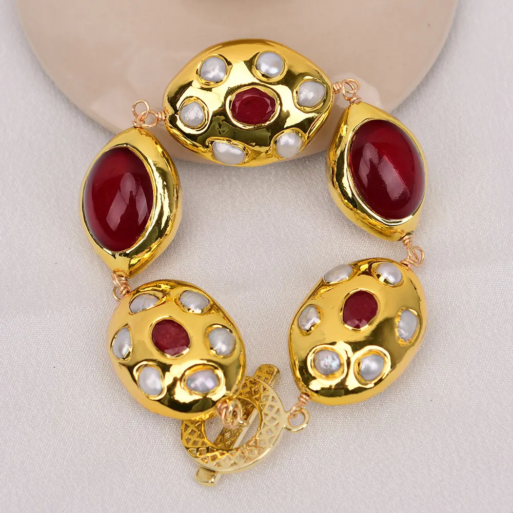 GG Natural Gold Plated Red Fire Agate Beads Oval Shape White Pearl Paved Jade Bracelet Handmade Lady Gifts