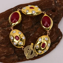 Gold Plated Red Fire Agates White Pearl Handmade - Image 4