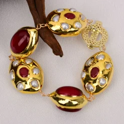 Gold Plated Red Fire Agates White Pearl Handmade - Image 5