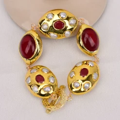 Gold Plated Red Fire Agates White Pearl Handmade - Image 3
