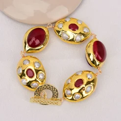 Gold Plated Red Fire Agates White Pearl Handmade - Image 2