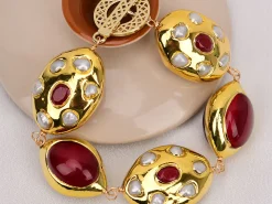 Gold Plated Red Fire Agates White Pearl Handmade