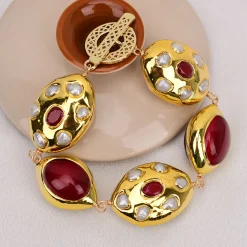 Gold Plated Red Fire Agates White Pearl Handmade