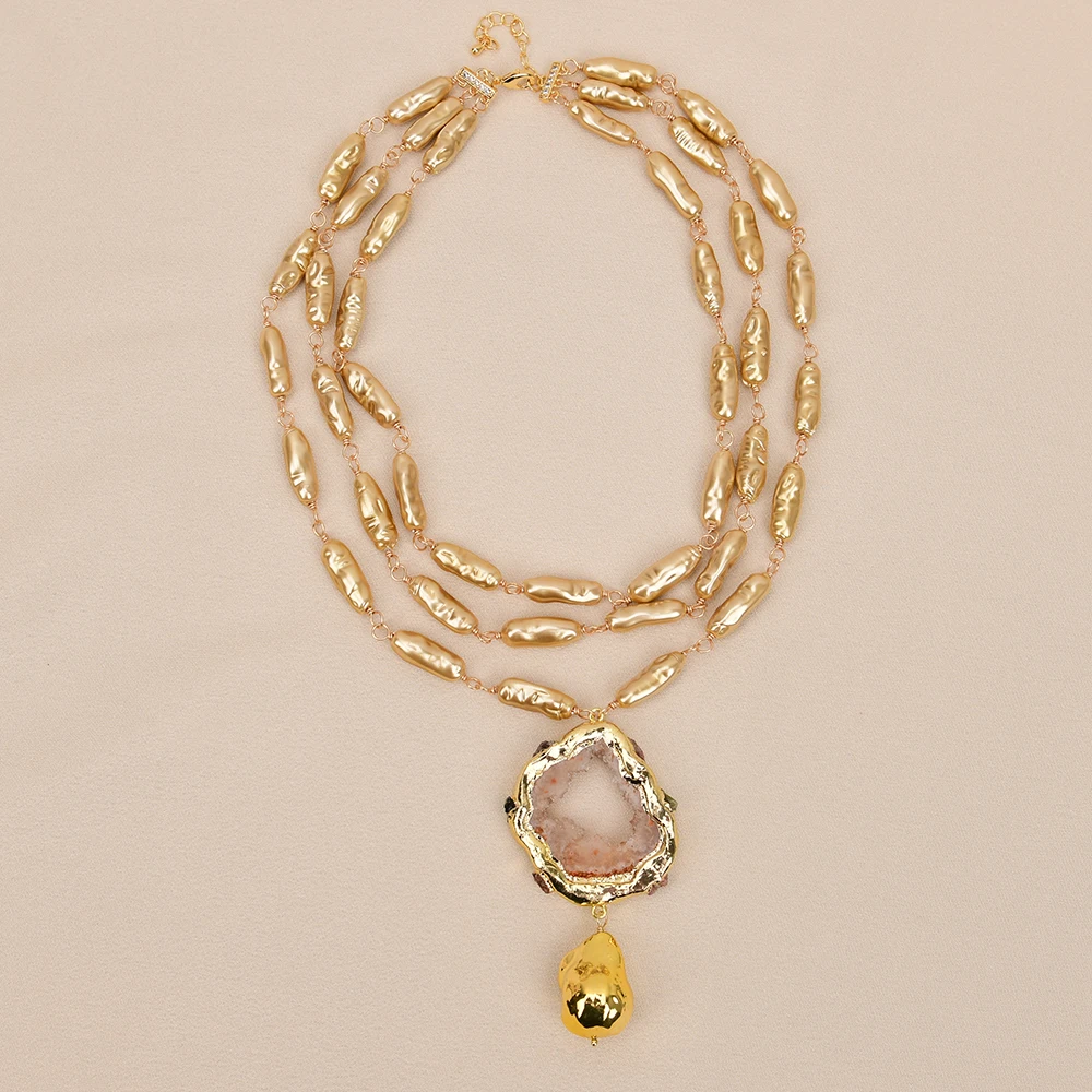 GG 3 Strands Natural Champagne Color Sea Shell Pearl Necklace Keshi Pearl Gold Edge Quartz Pendant