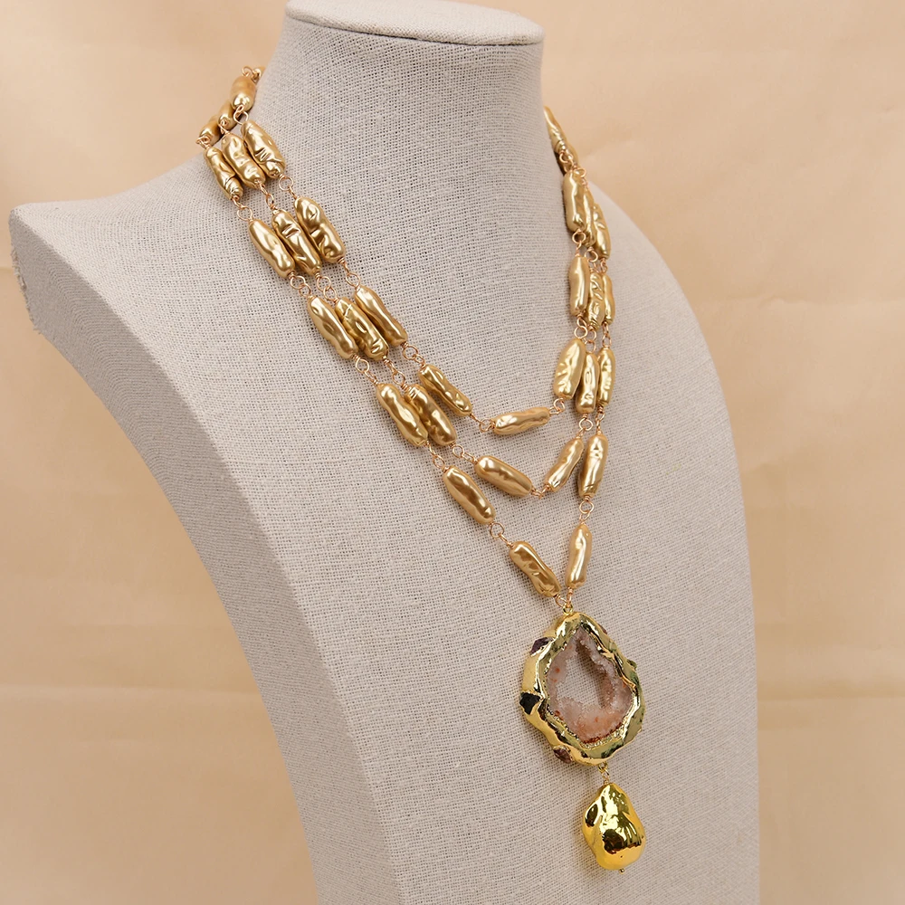 GG 3 Strands Natural Champagne Color Sea Shell Pearl Necklace Keshi Pearl Gold Edge Quartz Pendant