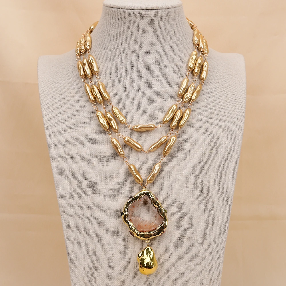 GG 3 Strands Natural Champagne Color Sea Shell Pearl Necklace Keshi Pearl Gold Edge Quartz Pendant