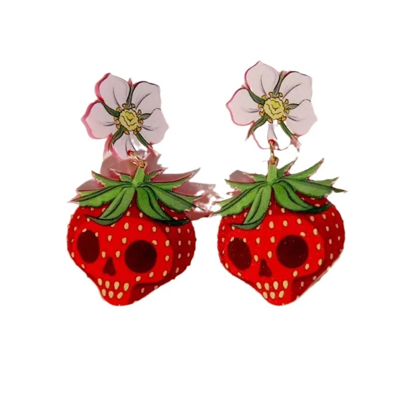 2D Flat Creative Cartoon Horror Strawberry Skull Pendant Acrylic Earrings Fashion Ear Studs Party Jewelry Gift for Women Girls