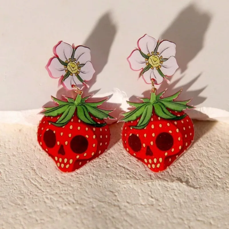 2D Flat Creative Cartoon Horror Strawberry Skull Pendant Acrylic Earrings Fashion Ear Studs Party Jewelry Gift for Women Girls