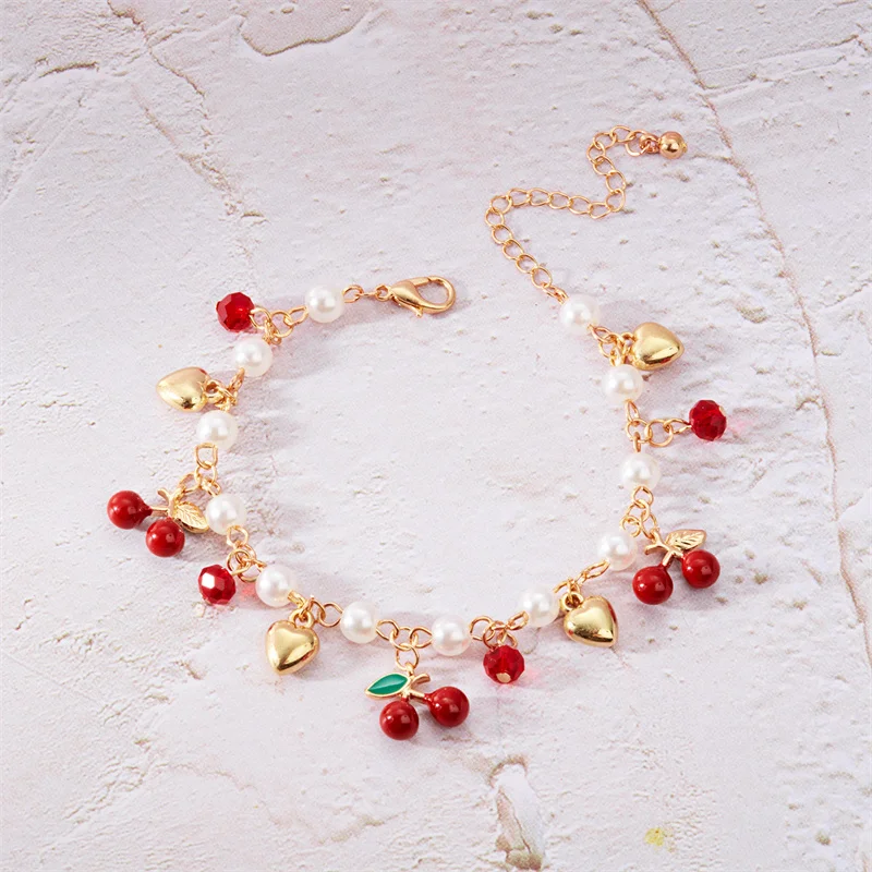 Sweet Cute Red Strawberry Cherry Heart Pearl Charm Bracelet New Fashion Y2K Fruit Gold Color Chain Jewelry Party Gifts 2025