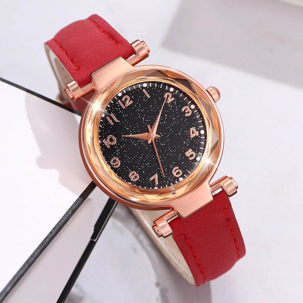 6PCS/Set Red Women's Watch With Minimalist Elements Dial Quartz Watch Latex Strap Cherry Elements Jewelry Set Girl's Gift