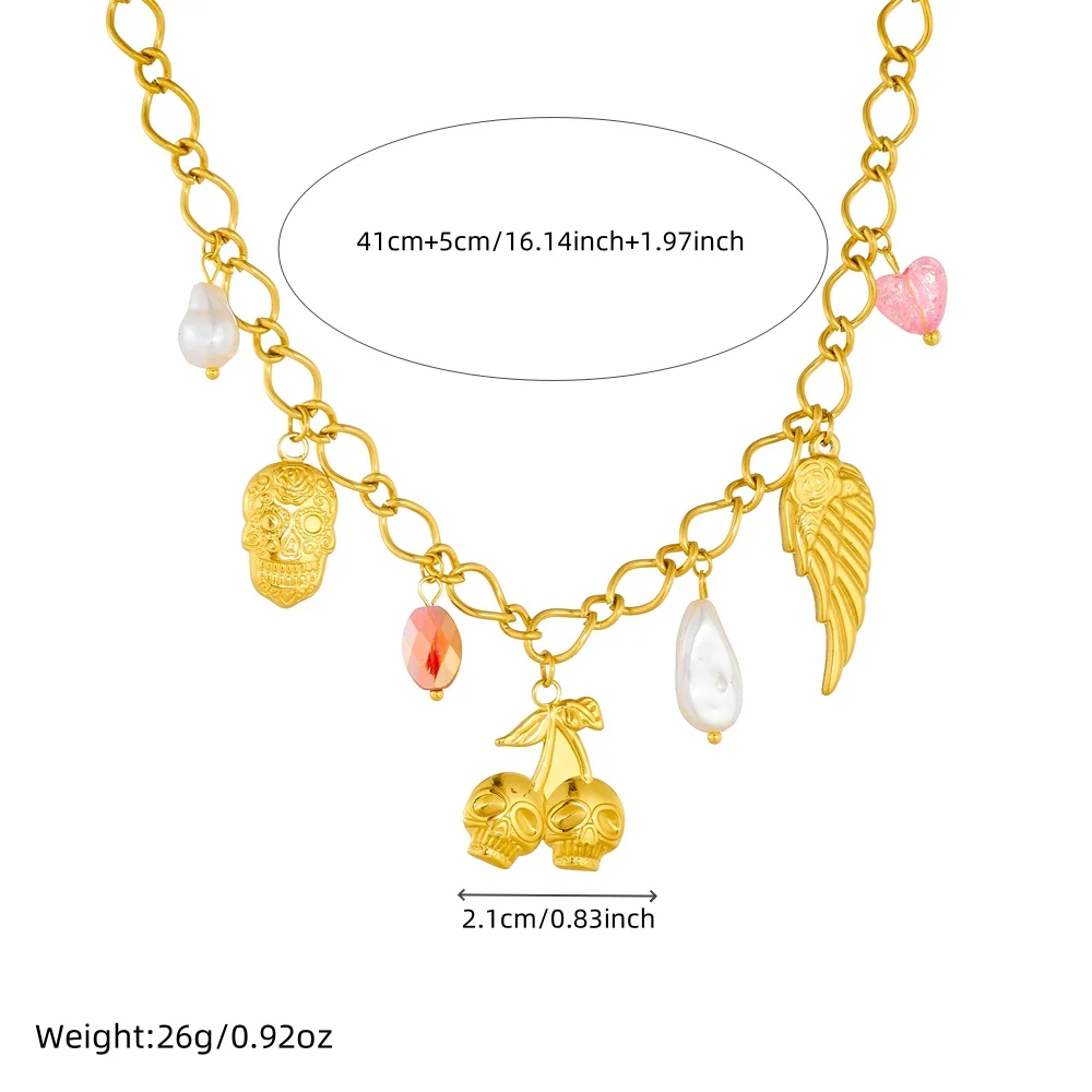 LAMENGLY 316L Stainless Steel Creative Design Cherry Skull Wing Multi Pendant Necklace For Women Niche Personal Neck Chain Gifts