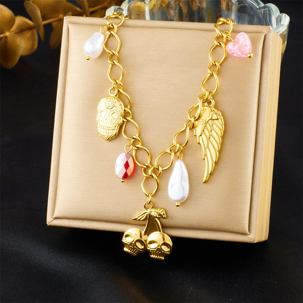 LAMENGLY 316L Stainless Steel Creative Design Cherry Skull Wing Multi Pendant Necklace For Women Niche Personal Neck Chain Gifts