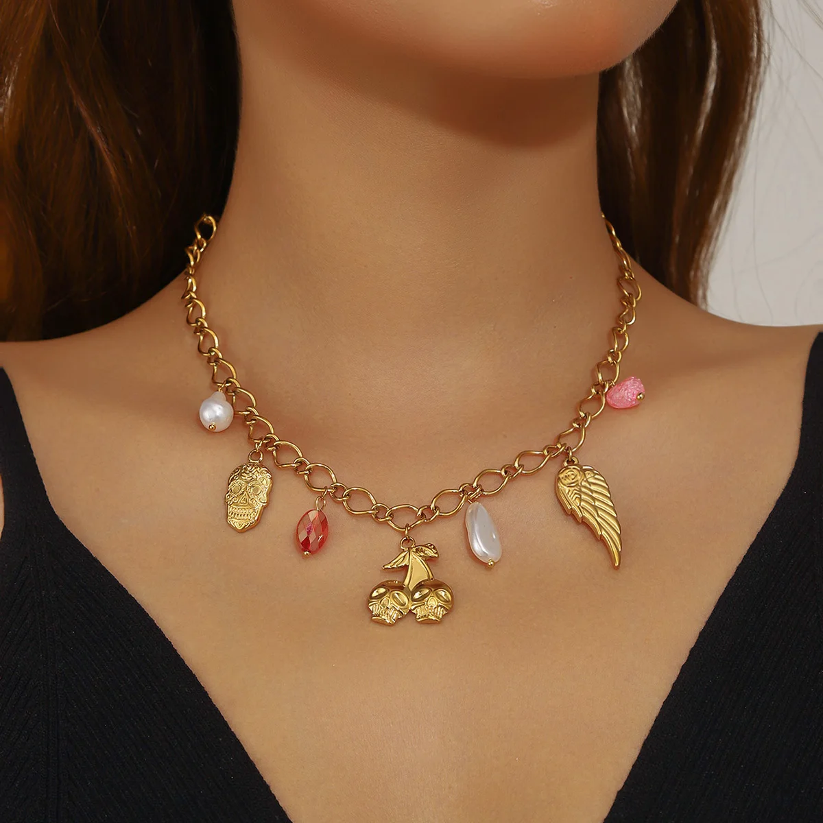LAMENGLY 316L Stainless Steel Creative Design Cherry Skull Wing Multi Pendant Necklace For Women Niche Personal Neck Chain Gifts