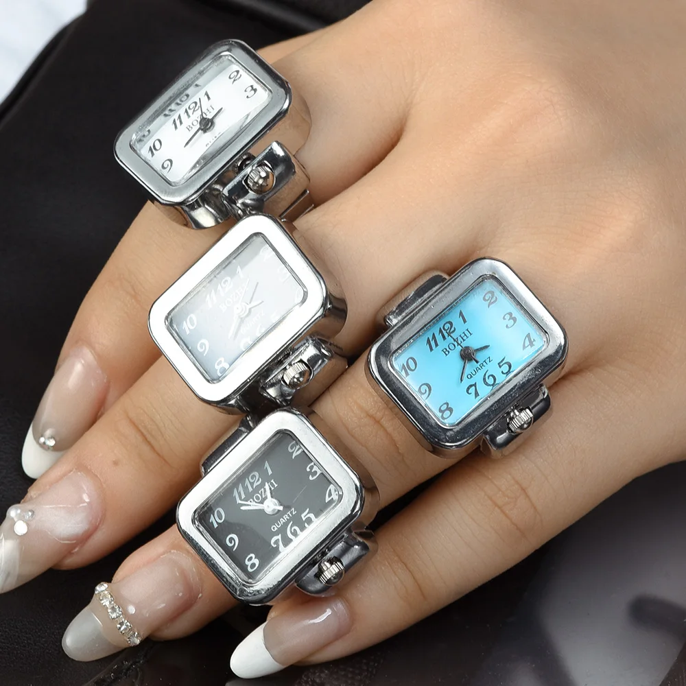 Mini Vintage Punk Finger Watch Rings Elastic Strap Alloy Watches Couple Rings Jewelry Clock Retro Roman Quartz Women Men Watch