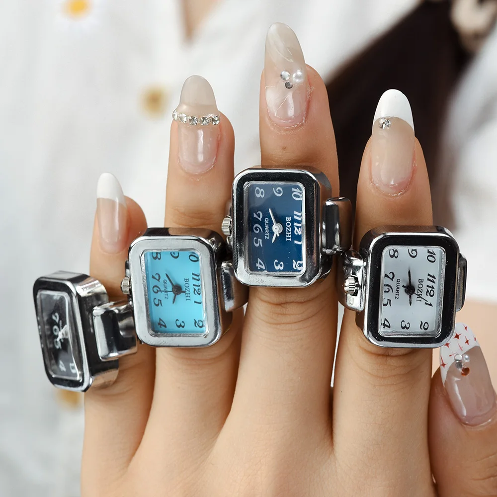 Mini Vintage Punk Finger Watch Rings Elastic Strap Alloy Watches Couple Rings Jewelry Clock Retro Roman Quartz Women Men Watch