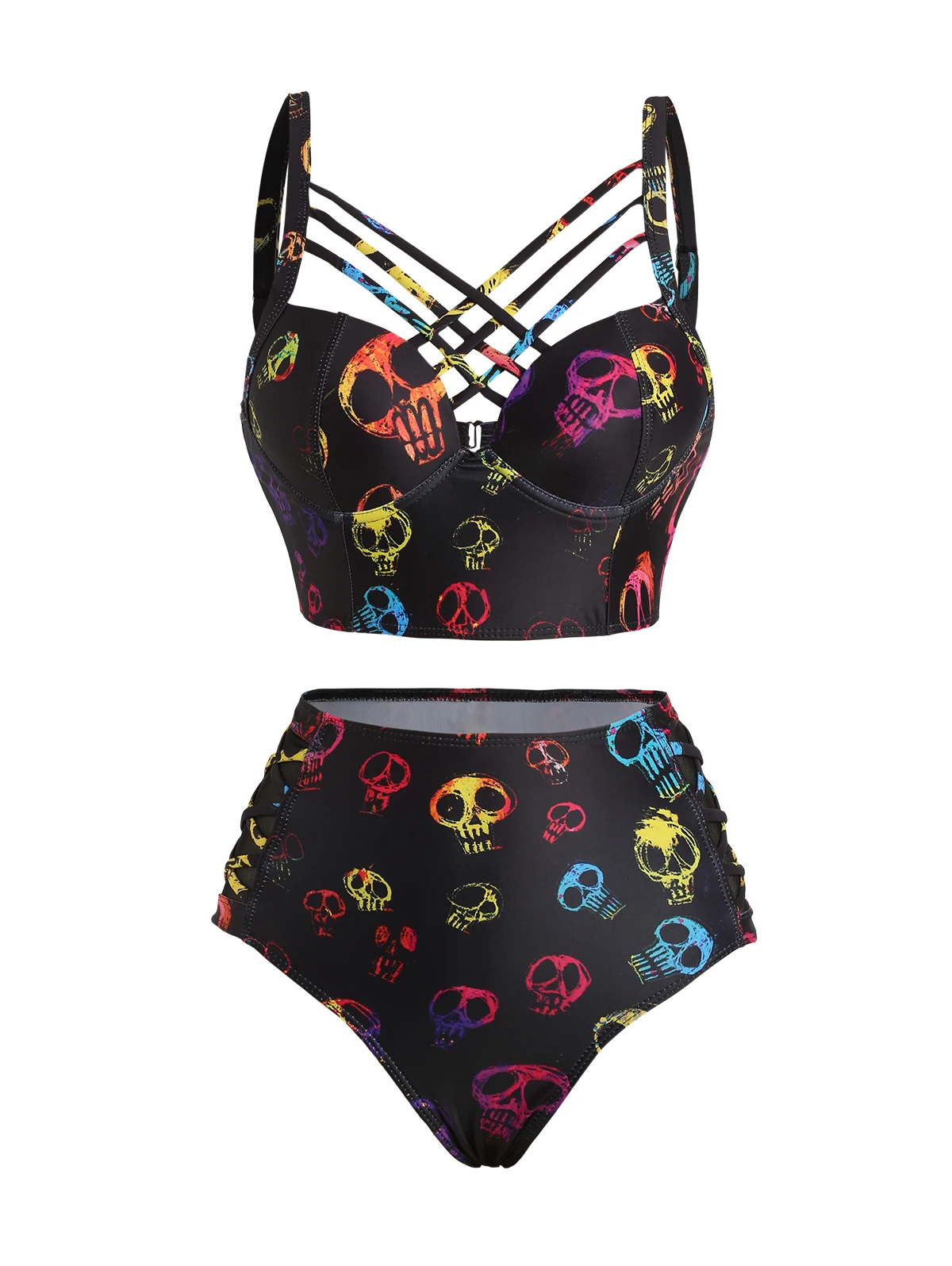 Dressfo Womens Bikinis Set Skull Print Crisscross Beach Bikini Adjustable Spaghetti Strap Triangle Bottom Two Piece Bathing Suit